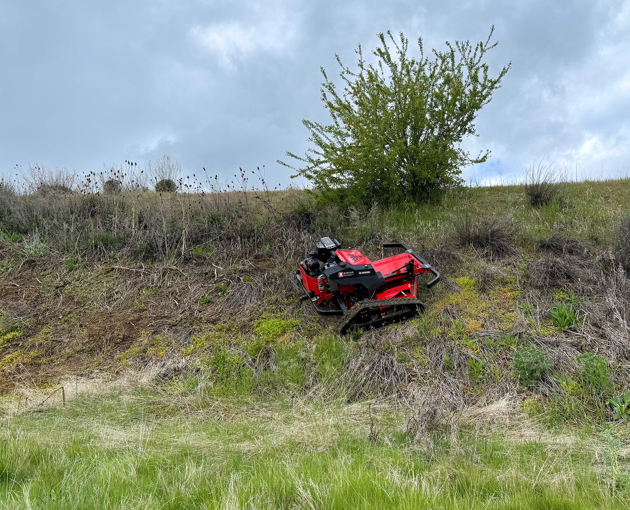 R Series machine on grassy steep slope.